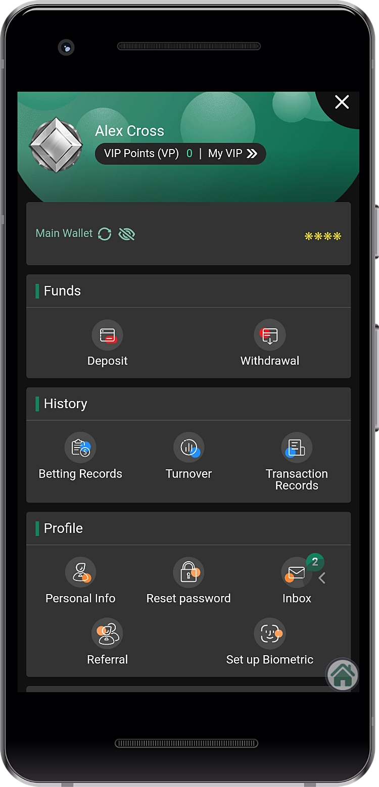 Baji ऐप के प्रोफ़ाइल अनुभाग में, उपयोगकर्ता के पास बुनियादी खाता-संबंधित सुविधाओं तक पहुंच है
