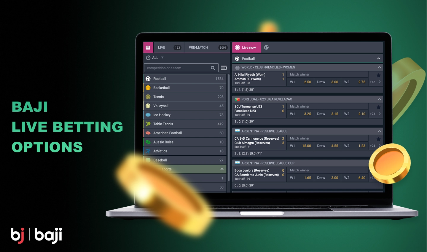 Baji पर लाइव सट्टेबाजी उपयोगकर्ता को उन मैचों पर वास्तविक समय में दांव लगाने की अनुमति देती है जो अभी हो रहे हैं